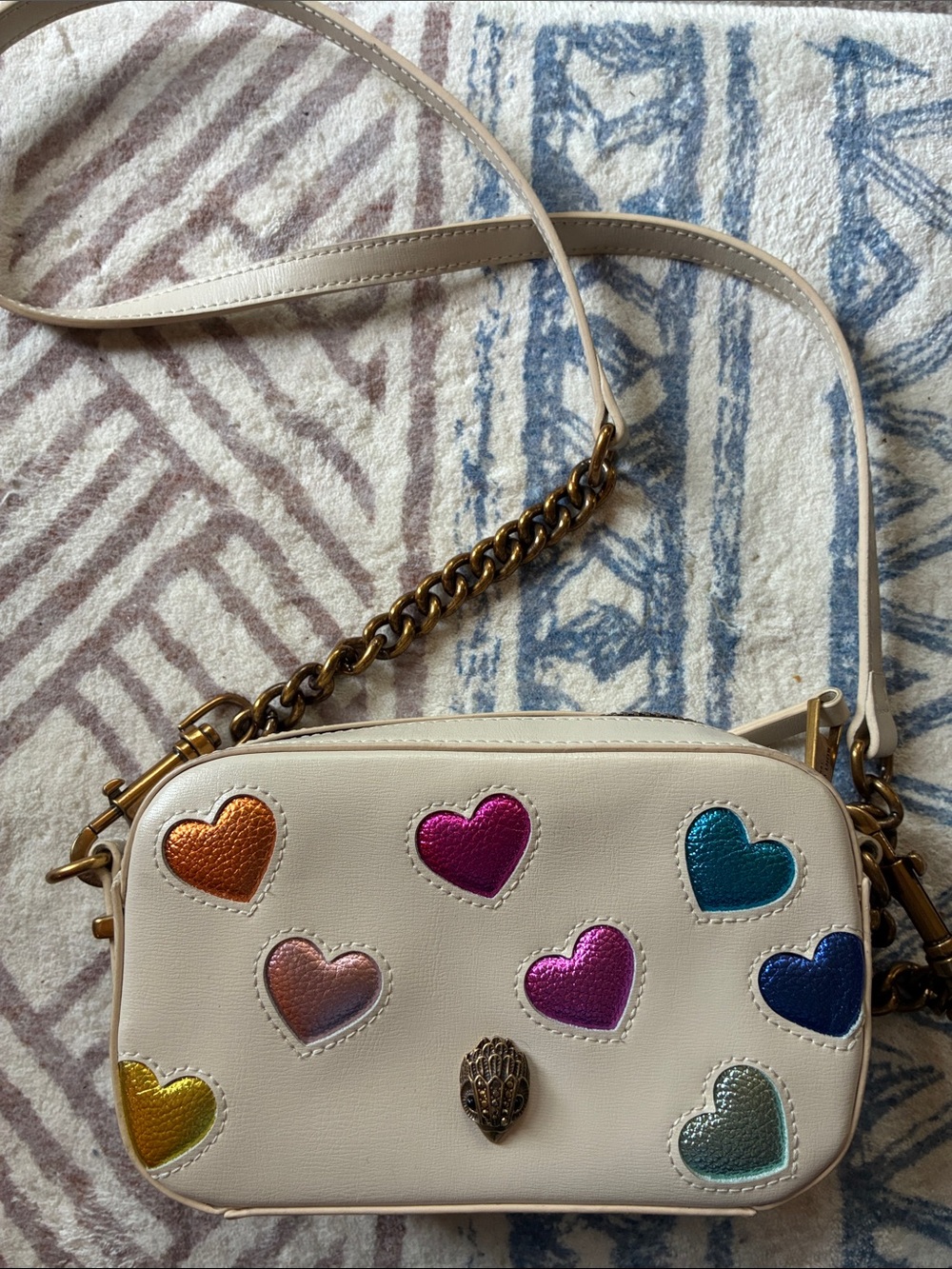 Kurt Geiger Cream Crossbody with Metallic Multicolor Heart Appliqués
